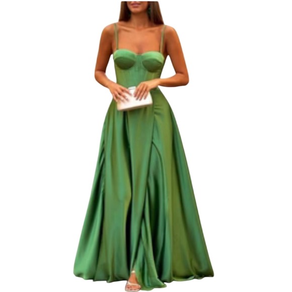 Lime Green Satin Corset Bustier Hi Low Prom Gown Evening Dress Dresses